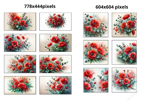Set of 12 Red Poppy Floral Printable Papers (A4 Sheet)