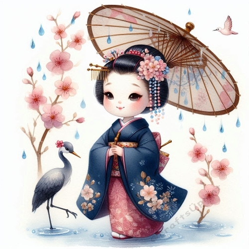 Sweet Chibi Geisha Watercolor - Japanese Blossom & Crane Art