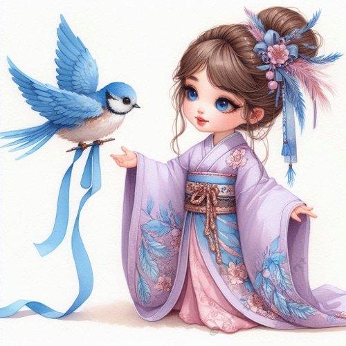 Little Bluebird Whispers - Chibi Oriental Princess Clipart