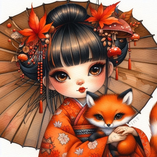 Autumn Whisper – Chibi Geisha & Red Fox Cub Watercolor