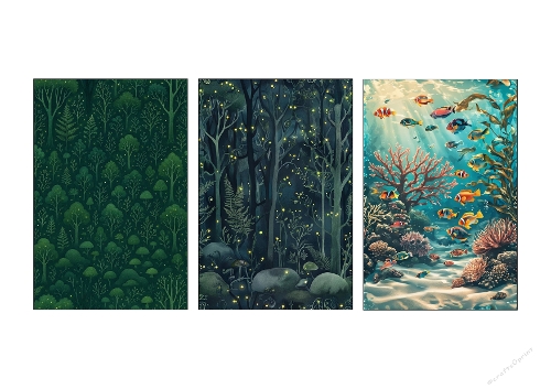 Natures Wonders – 3 Enchanted Forest & Coral Reef Digital Backgrounds