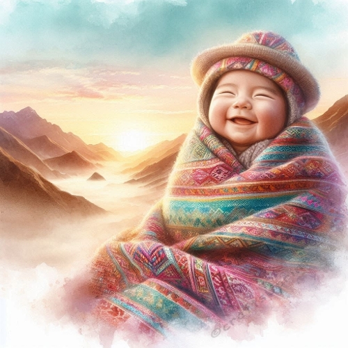 Smiling Baby in Andean Blanket - Watercolor Style JPEG