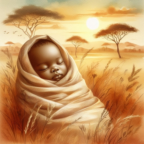 Sleeping Baby in Golden Savanna – Soft Watercolor Style JPEG