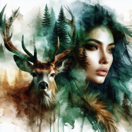 Forest Spirit Woman & Deer Fusion – Mystical Watercolor Style JPEG