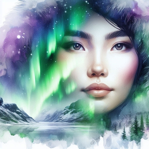 Inuit Woman & Northern Lights – Double Exposure Watercolor Portrait JPEG