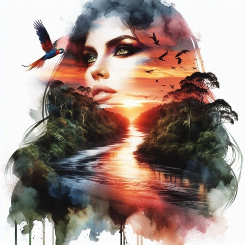 Tropical Goddess Double Exposure – Woman & Sunset River Watercolor JPEG