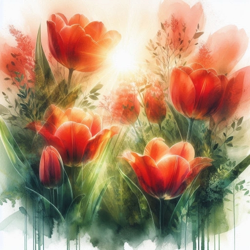 Triple Exposure Watercolor – Red Tulips, Botanical Textures and Radiant Golden Sun Halo