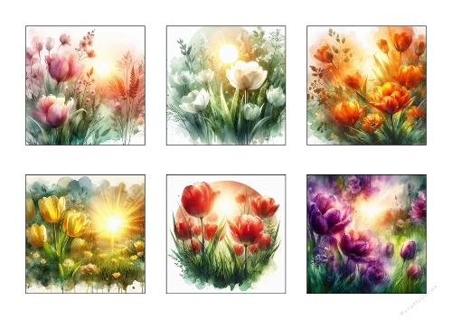 Watercolor Tulip Kit – Six Sunlit Floral Illustrations on A4 Sheet