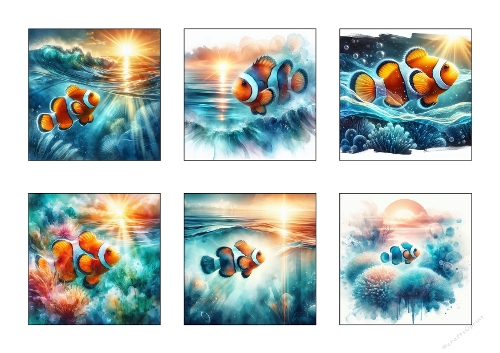 Watercolor Clownfish Kit – Six Ocean Illustrations on A4 Sheet