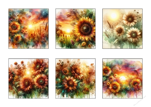Watercolor Sunflower Kit – Six Vibrant Landscape Illustrations on A4 Sheet