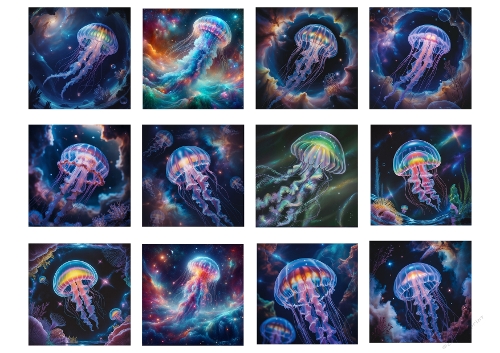 Watercolor Jellyfish Kit – Twelve Cosmic Bioluminescent Illustrations on A4 Sheet