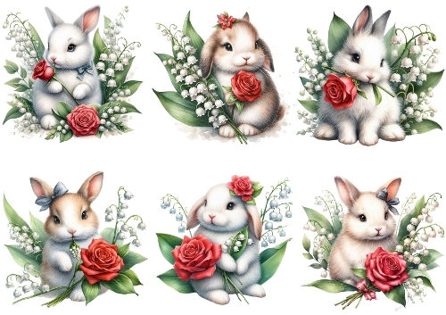 Watercolor Bunny Kit – Six Floral Baby Rabbit Illustrations on A4 Sheet