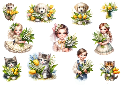 Sweet Spring Time - 12 Whimsical Characters with Lilies and Tulips - Printable Collage Sheet