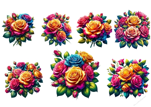 Neon Bloom – 7 Vibrant Rose Bouquet Digital Collage Sheet