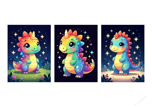 3 Cute Dino Unicorns – Rainbow Baby Dinosaurs on Night Backgrounds