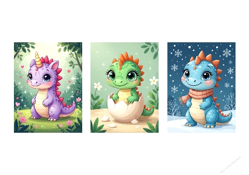 3 Cute Baby Dino Images – Unicorn Dino, Baby Dino in Egg & Winter Dino