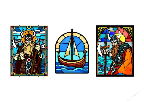 3 Viking Stained Glass Panels – Norse Warriors & Longship Art