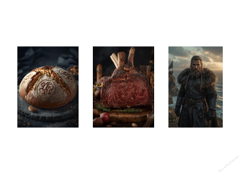 3 Rustic Food & Viking Art Images – Bread, Meat & Norse Warrior