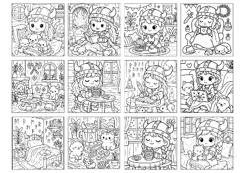 12 Cozy Viking Girl colorings– Nordic Home Black & White Art