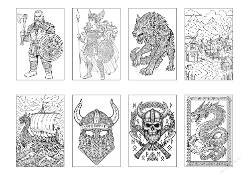 8 Norse Mythology Black & White colorings – Vikings, Wolf & Dragon Art