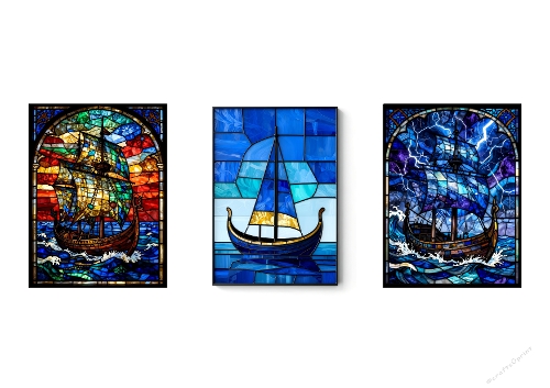 3 Stained Glass Sailing Ship Panels – Calm, Sunset & Stormy Sea