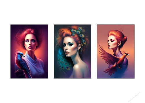3 Surreal Women & Birds Portraits – Vibrant Fantasy Art Set