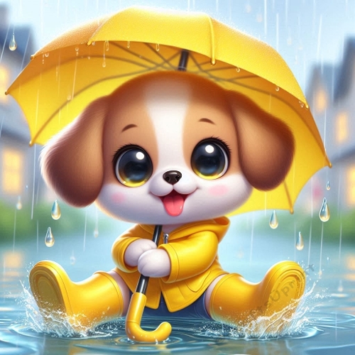 Cute Cartoon Puppy in Yellow Raincoat – Rainy Day Childrens Illustration