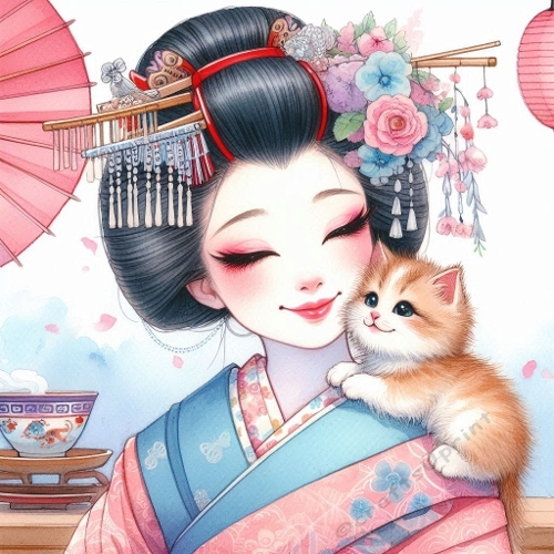 Watercolor Floral Kimono Girl with Kitten – Elegant 1024×1024 pixels Illustration