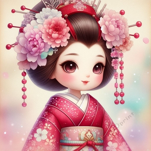 Royal Pink Peony Chibi Girl