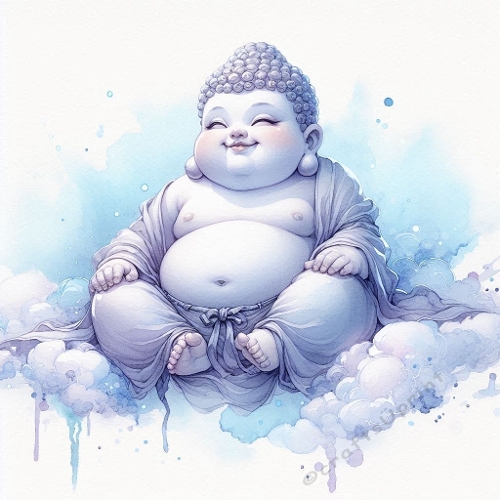 Adorable Chubby Kawaii Buddha Floating – Playful Meditation Watercolor Art