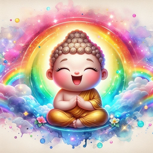 Kawaii Baby Buddha with Rainbow Aura – Vibrant Watercolor Explosion Art