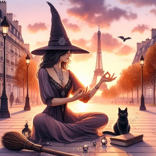 Mystical Witch in Paris at Sunset – Enchanted Street Scene Illustration