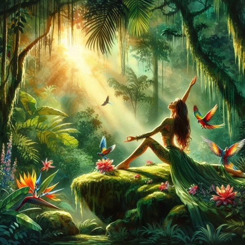 Tropical Nature Spirit with Birds – Lush Fantasy Rainforest Illustration