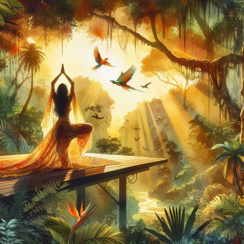 Tropical Sunrise Yoga Pose – Peaceful Forest Platform Illustration
