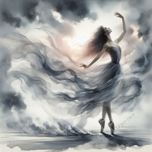 Melancholic Cloud Ballerina – Dramatic Watercolor Fantasy Dance Illustration