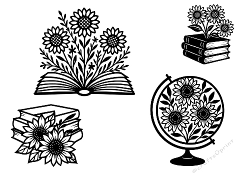 Floral Book & Globe Silhouette Bundle – Botanical Reading SVG Set