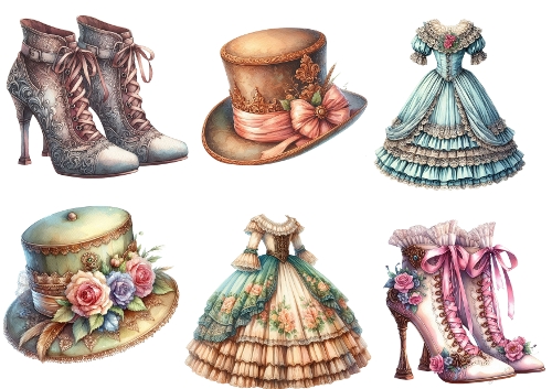 Victorian Fashion Illustration Bundle – Elegant Dresses, Hats & Boots on A4 JPEG