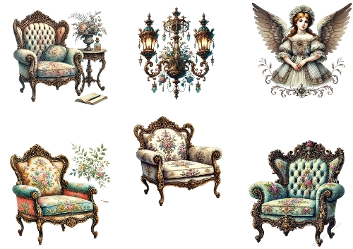 Vintage Furniture & Angel Illustration Bundle – Elegant A4 JPEG Art Set