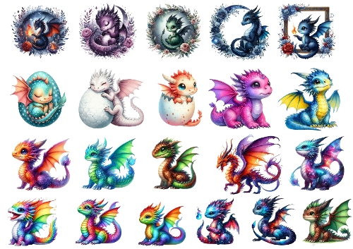 Baby Dragon Illustration Bundle – Cute Fantasy Creatures on A4 JPEG