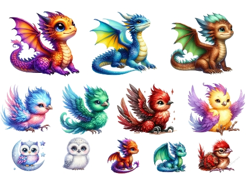Baby Dragons & Fantasy Birds Illustration Bundle – A4 JPEG Art Set