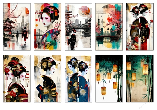 Japanese Geisha & Landscape Illustration Bundle – A4 JPEG Art Collection