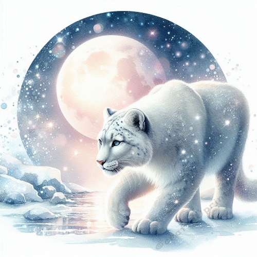 Mystical Snow Leopard Under Moonlight – Fantasy Watercolor‑Style Illustration