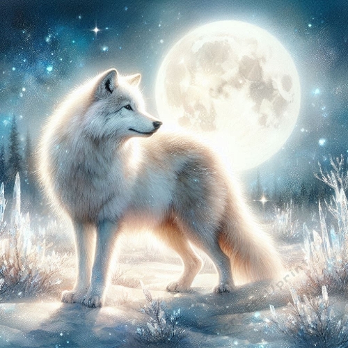 Mystical White Wolf Under Moonlight – Fantasy Winter Illustration