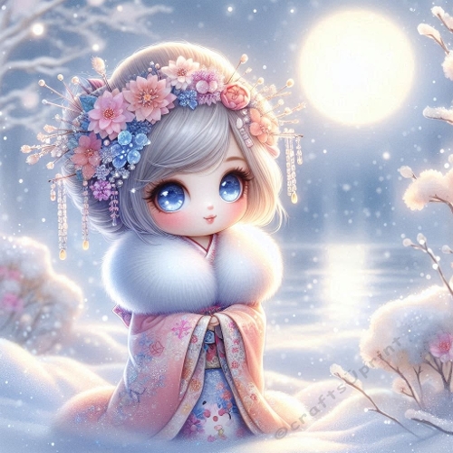 Moonlit Winter Kimono Girl – Fantasy Watercolor Illustration 1024×1024 JPEG