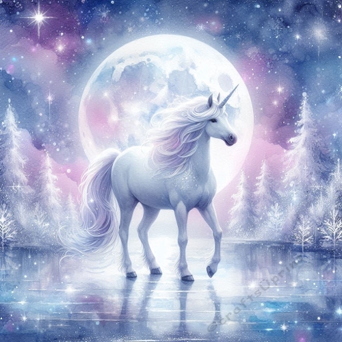 Moonlit Winter Unicorn – Fantasy Watercolor Illustration 1024×1024 JPEG