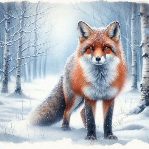 Winter Forest Watercolor Fox in Snowy Landscape