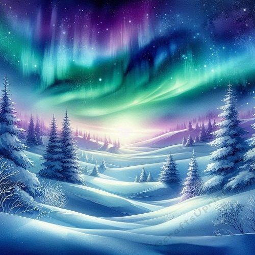 Winter Aurora Landscape Watercolor | Northern Lights Snow Scene 