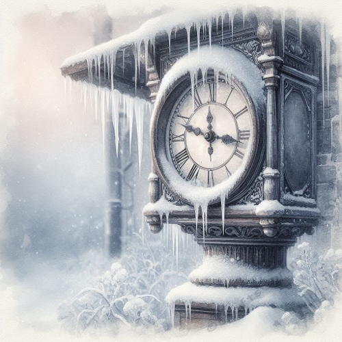 Winter Clock Tower Watercolor | Snowy Architectural Scene | 1024×1024 JPEG