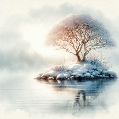 Winter Lone Tree Watercolor | Snowy Island Reflection | 1024×1024 JPEG