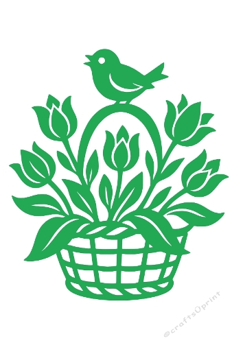 Floral Basket with Bird | Decorative Cut File | SVG and Silhouette Files
